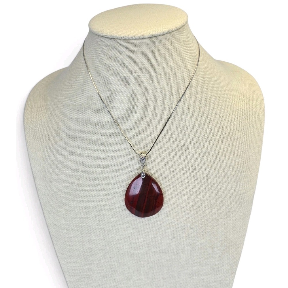 Large Red Banded Teardrop Pendant Necklace Silver Tone 20" Boho Statement - Picture 3 of 12